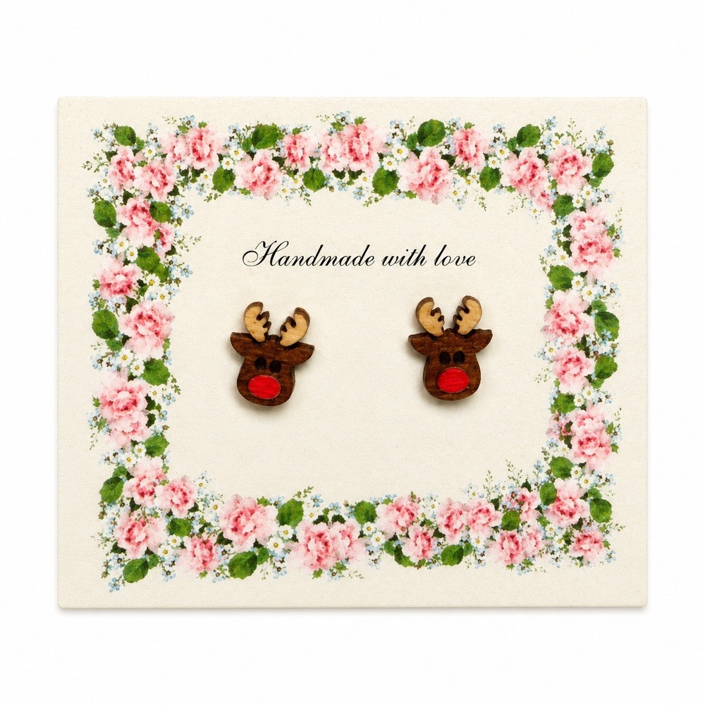 Handmade Reindeer Stud Earrings Women OS Brown Wood Red Nose Christmas Festive